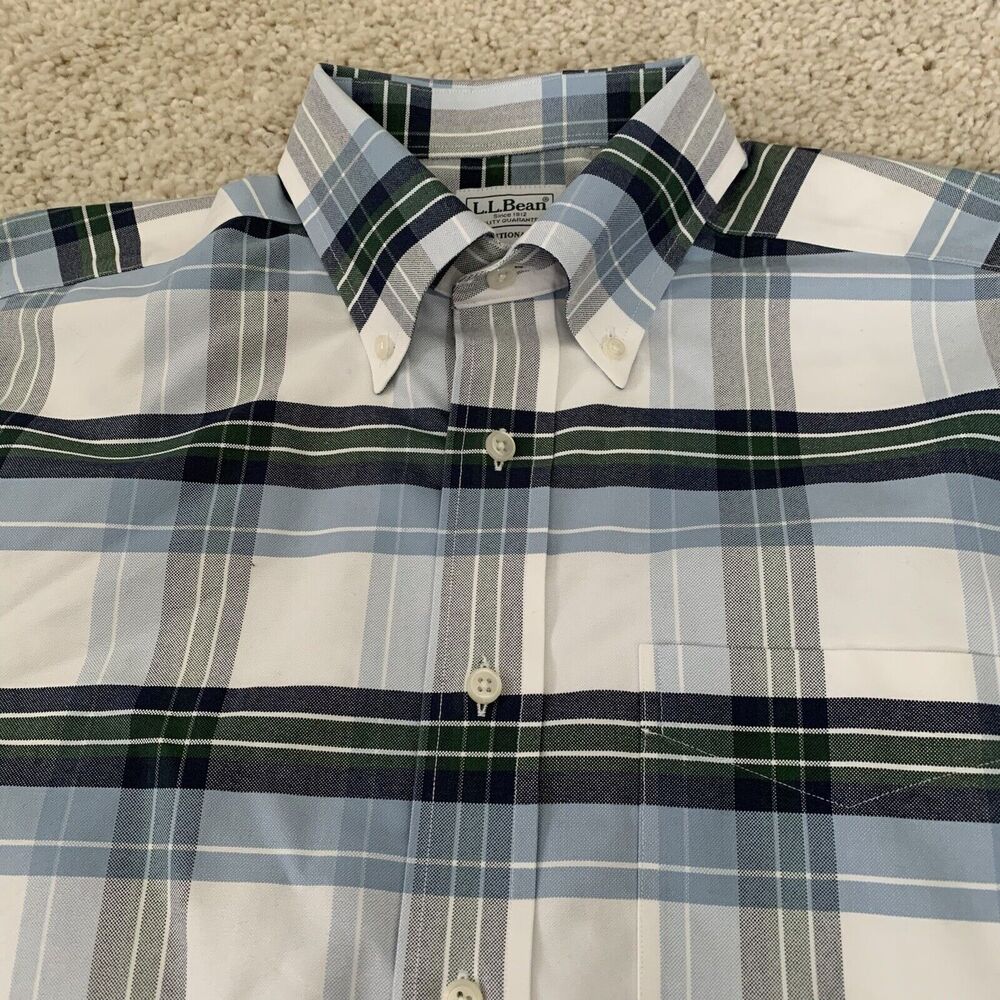LL Bean Shirt Mens 15.5-33 Traditional Fit Plaid Button Down Dress Oxford